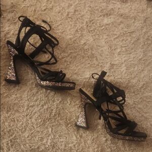 Forever 21 Black Strappy Glitter Heels